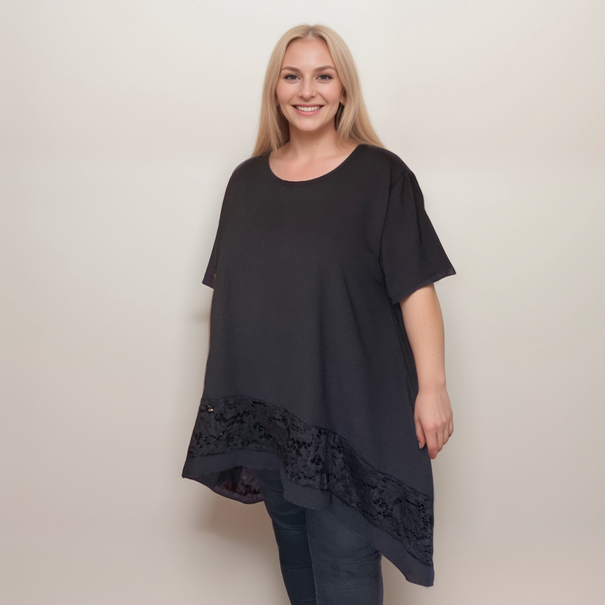 Plus‑Size Lace Hanky Hem Loose Fitting Blouse