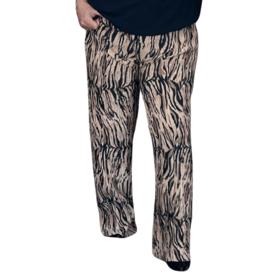 ROCKTHOSECURVES ANIMAL PRINT CRINKLE PLEATED TROUSERS WITH ELASTIC WAISTTiger / UK 12-14