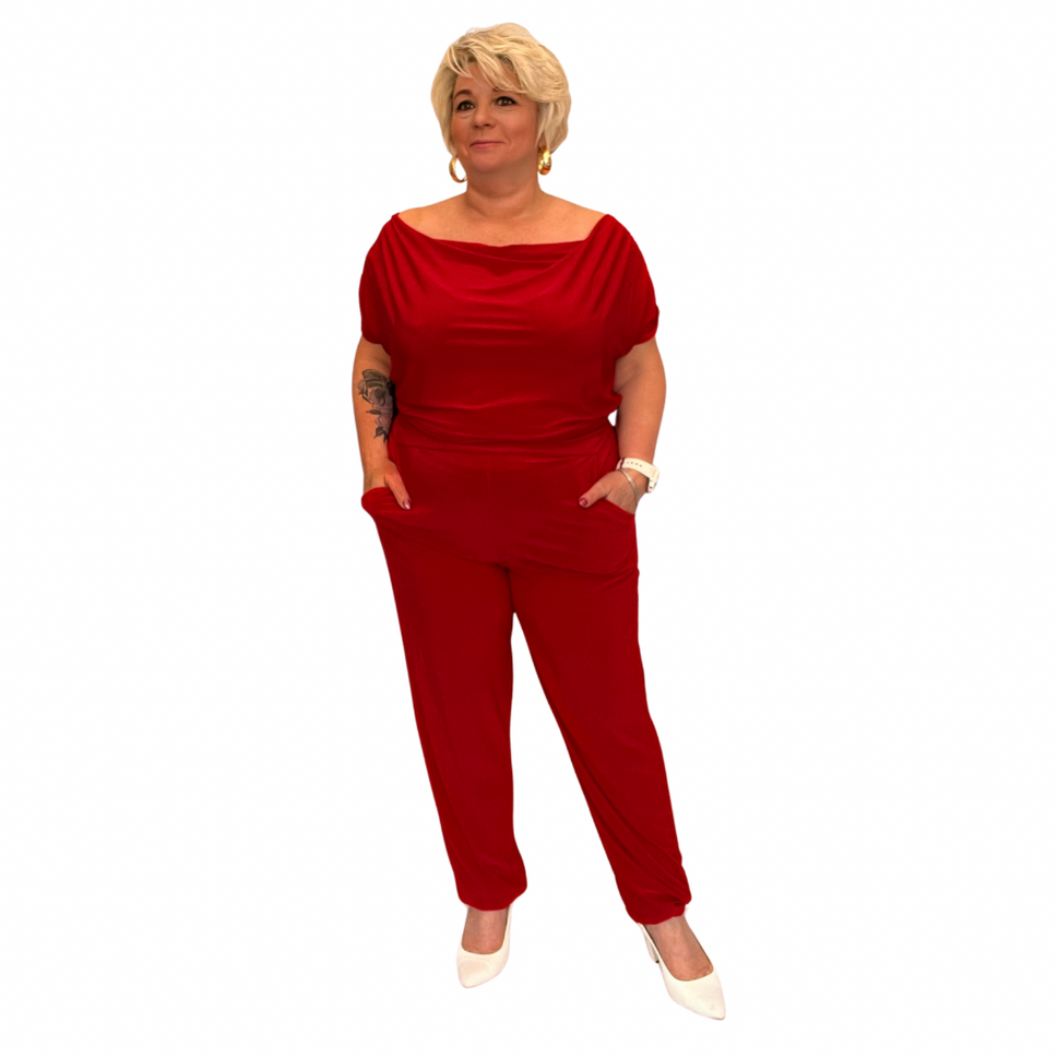 PLAIN COWL NECK JUMPSUIT WITH SIDE POCKETSRED / UK 14