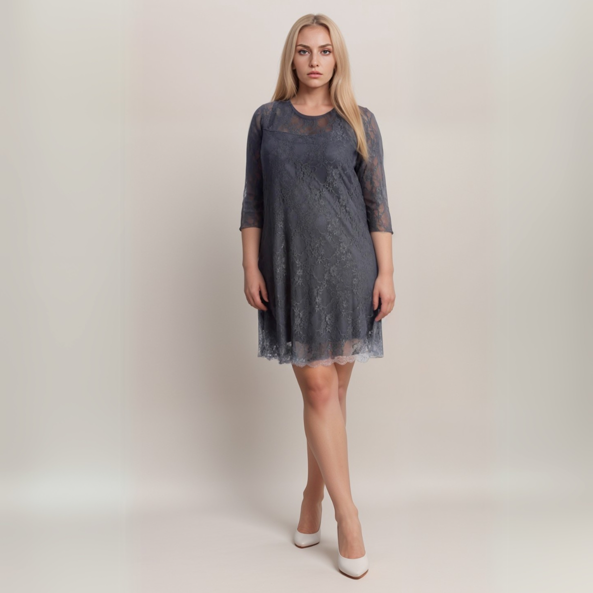 Plus‑Size Fine Lace 3/4 Sleeve Swing Dress with Sweetheart Neckline