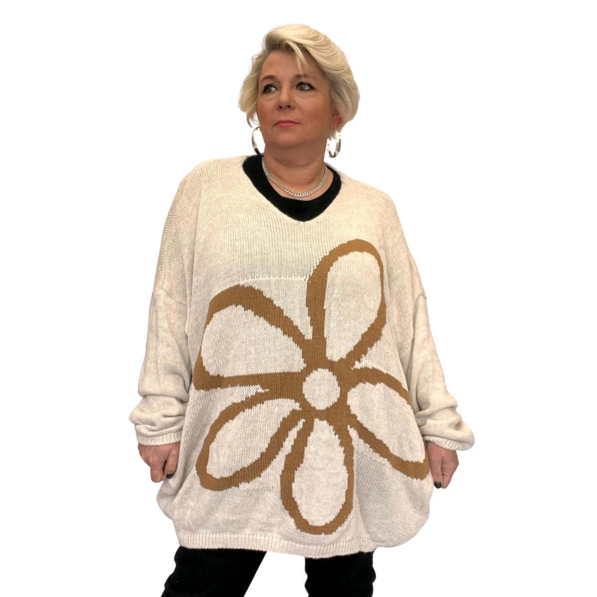 ROCKTHOSECURVES OVERSIZED V-NECK KNITTED JUMPER WITH LARGE FLOWER