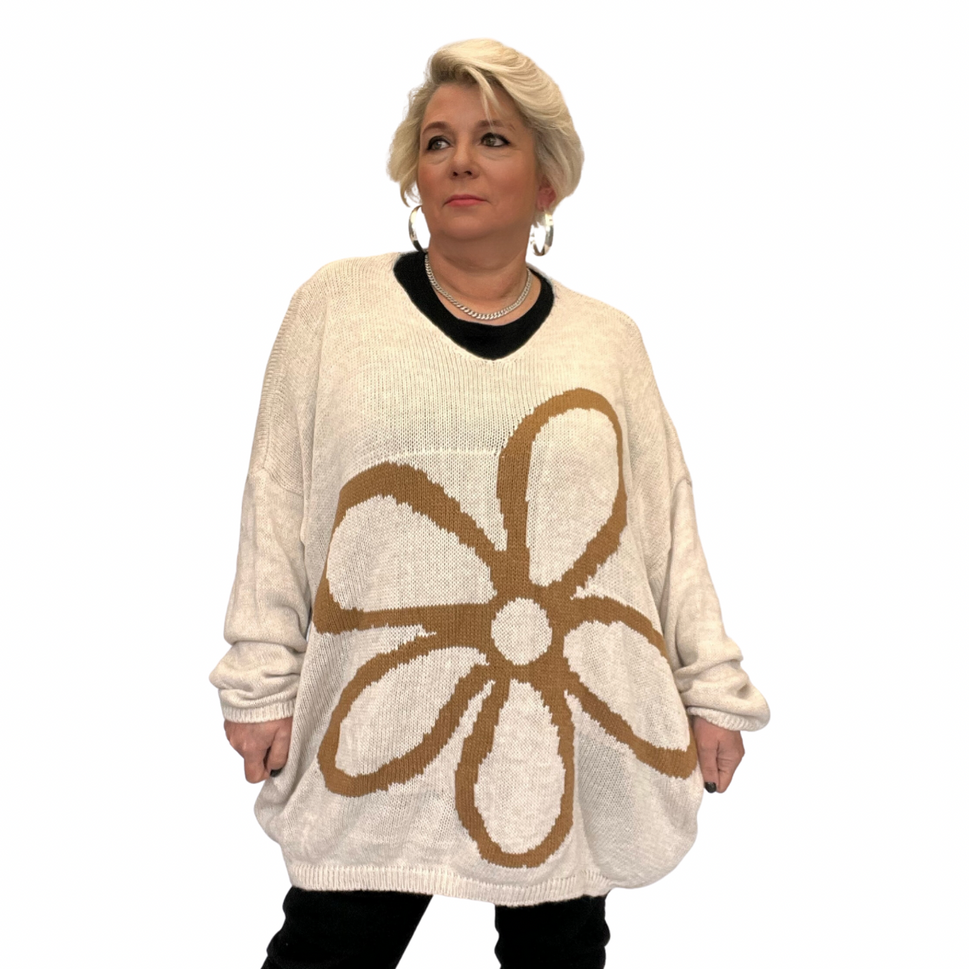 ROCKTHOSECURVES OVERSIZED V-NECK KNITTED JUMPER WITH LARGE FLOWERStone / UK 16-18