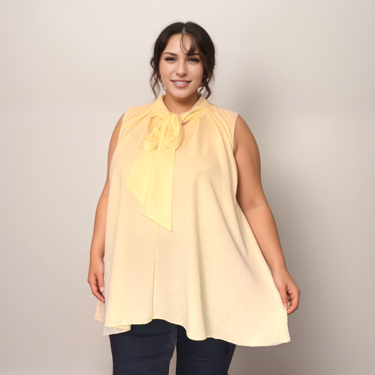 Sleeveless Swing Blouse with Neck Tie