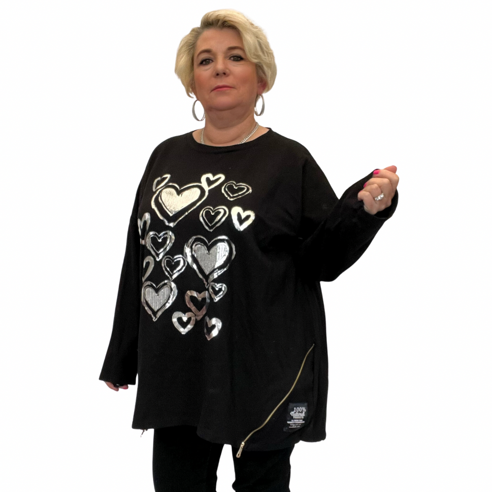 LONG SLEEVE TOP SILVER FOIL HEARTS AND FEATURE ZIPSBLACK / UK 16-18