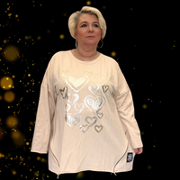 LONG SLEEVE TOP SILVER FOIL HEARTS AND FEATURE ZIPS