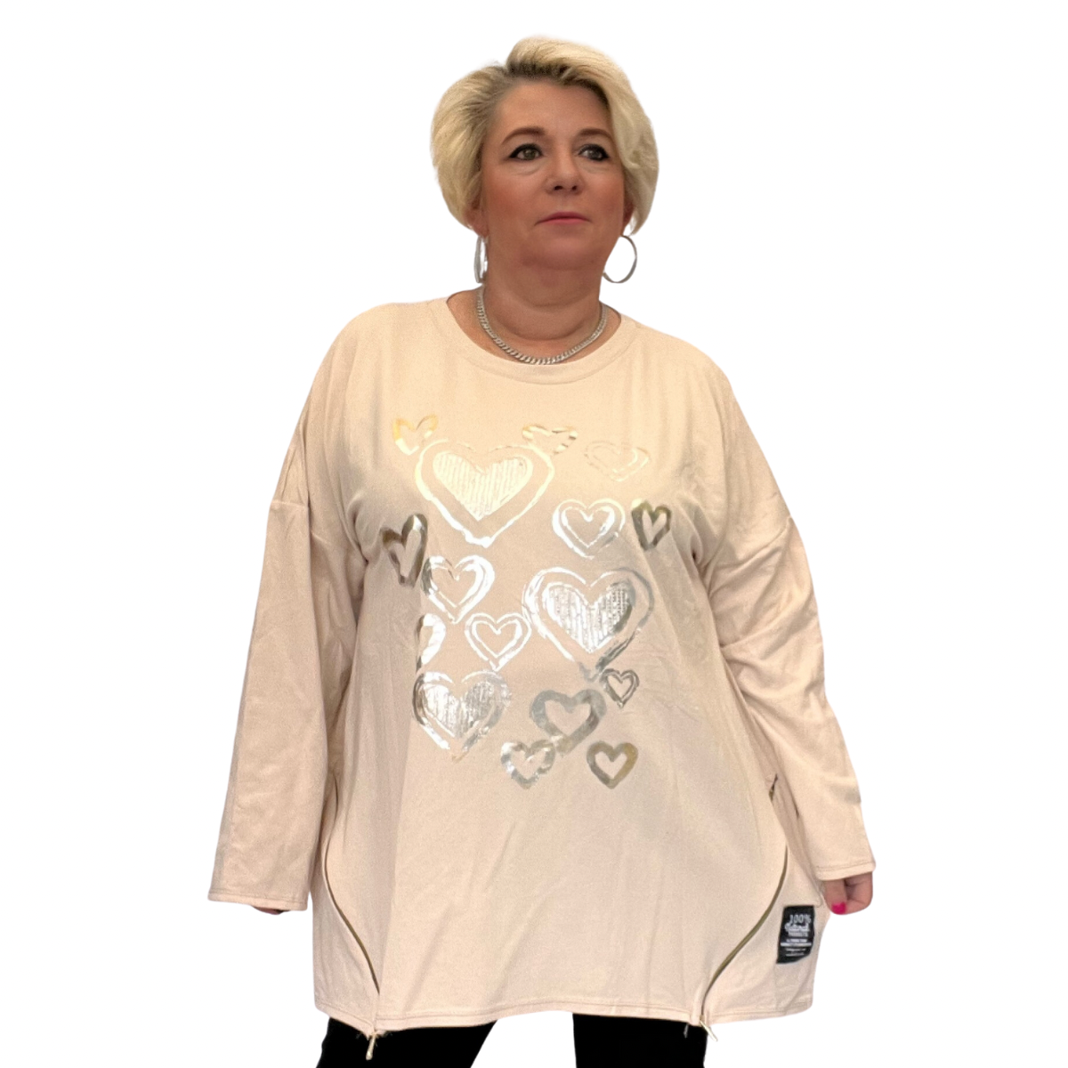 LONG SLEEVE TOP SILVER FOIL HEARTS AND FEATURE ZIPS