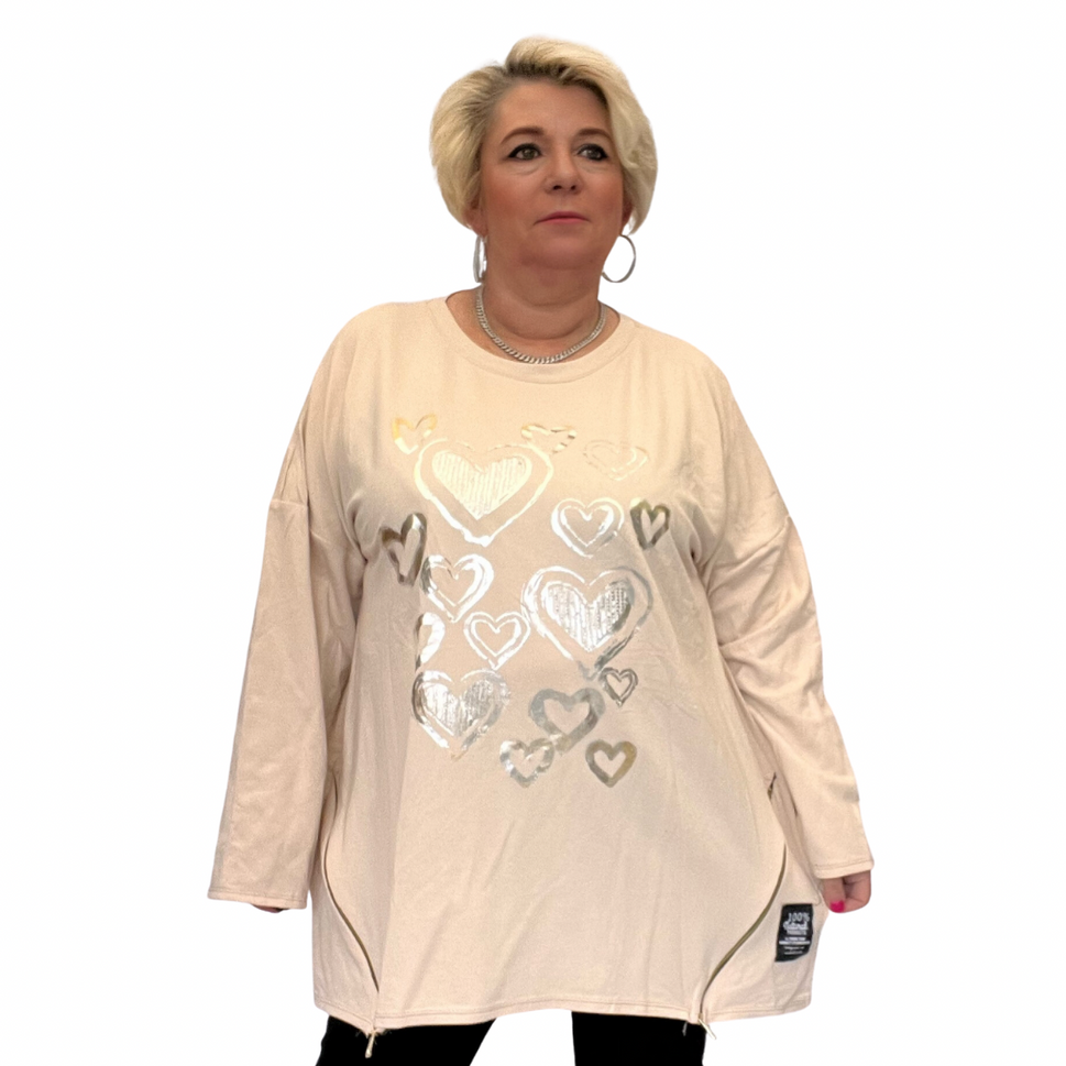 LONG SLEEVE TOP SILVER FOIL HEARTS AND FEATURE ZIPS