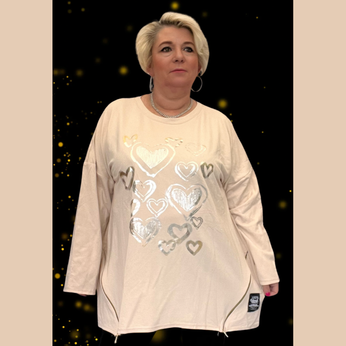 LONG SLEEVE TOP SILVER FOIL HEARTS AND FEATURE ZIPS