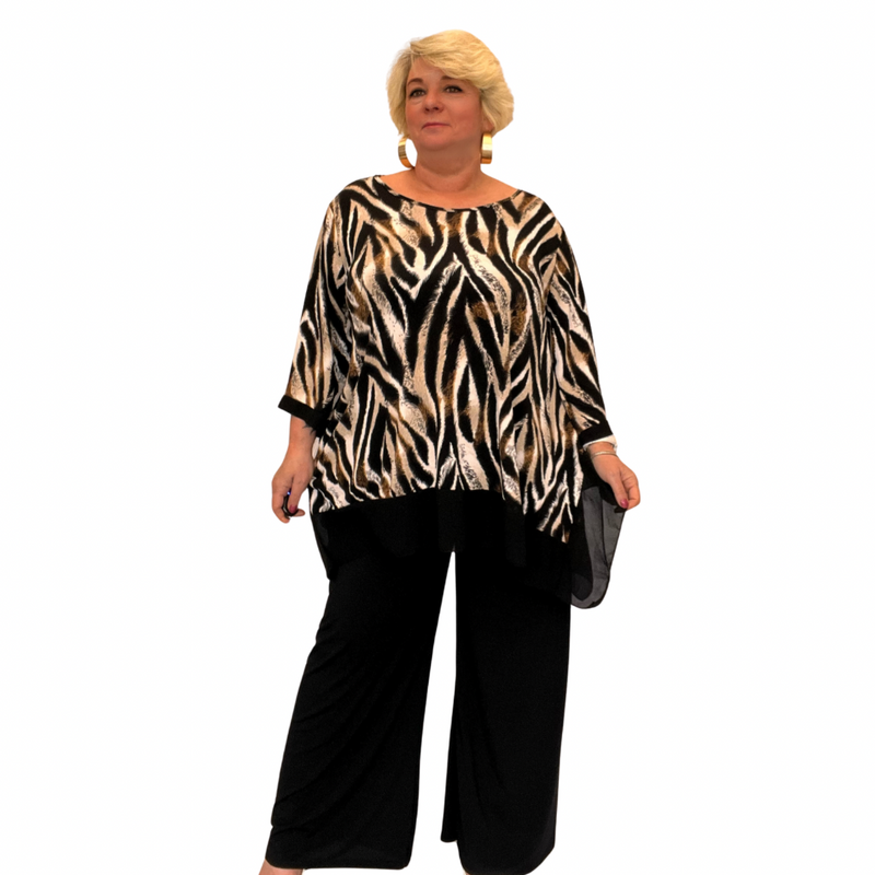 ROCKTHOSECURVES TIGER PRINT TWO PIECE OUTFIT SET WITH BLACK PALAZZO TROUSERS