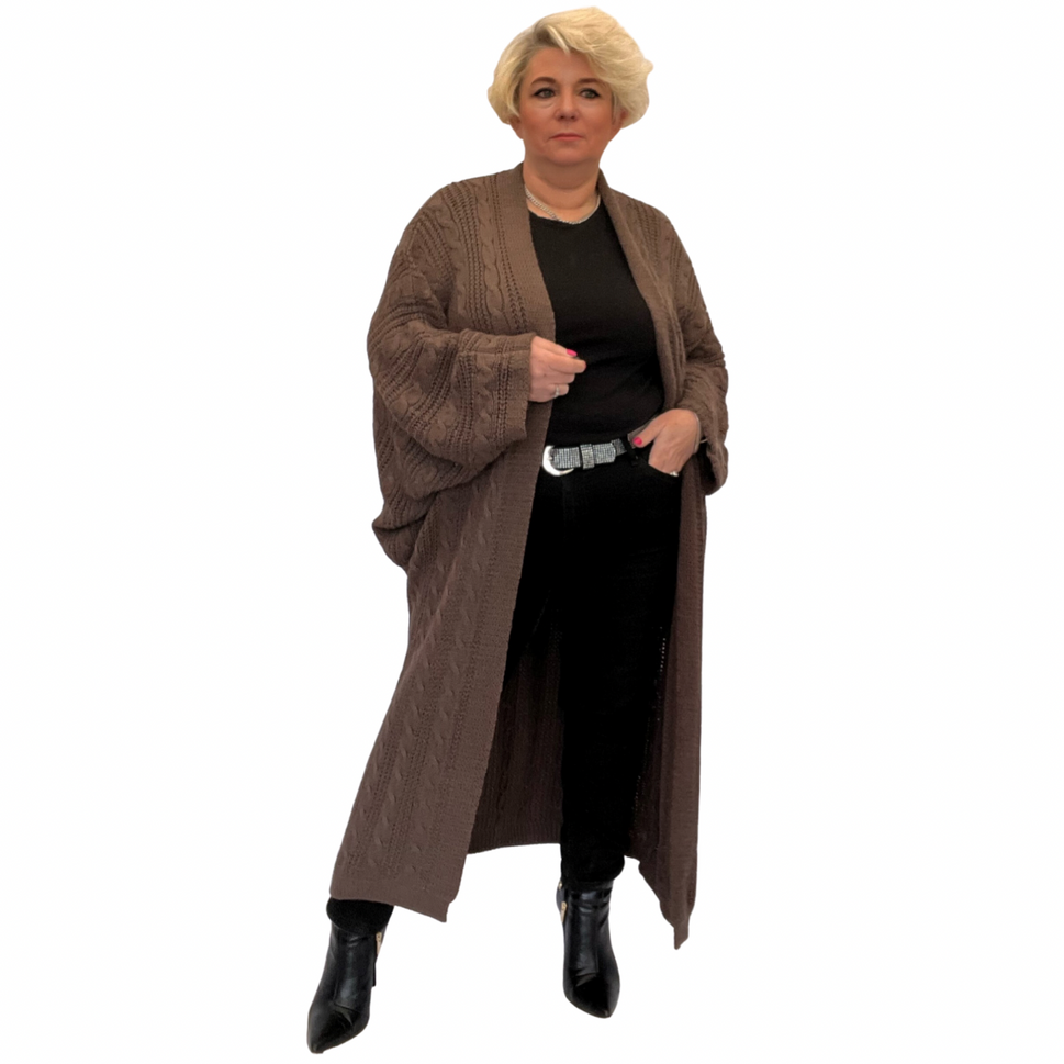 OVERSIZED BATWING CABLE KNIT LONG DUSTER CARDIGANBrown / ONE SIZE