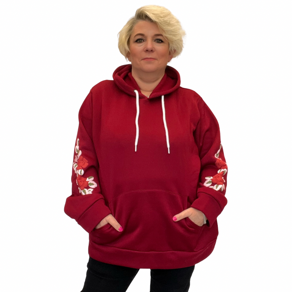 FLORAL SLEEVE POCKET FRONT HOODIE / JUMPERWINE / UK 12-14