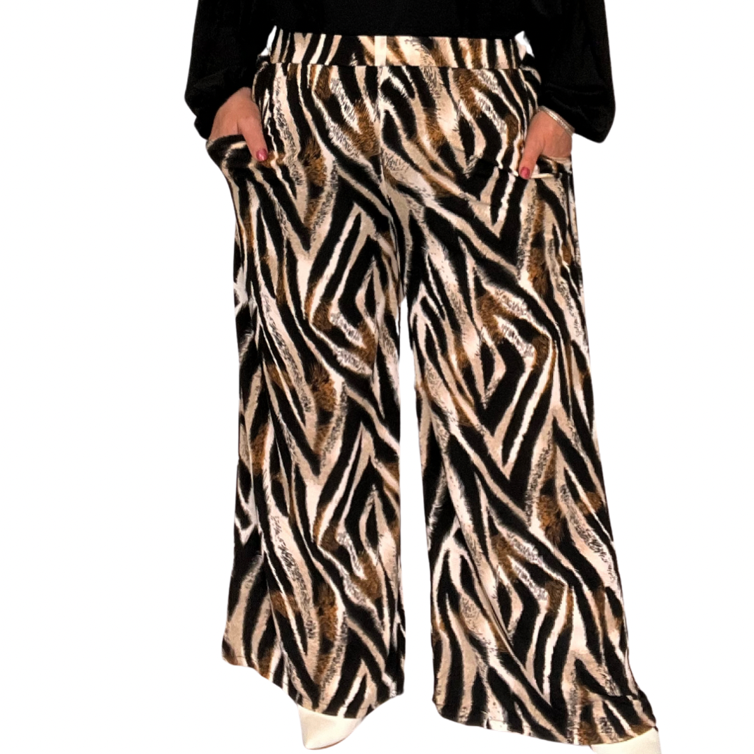 ROCKTHOSECURVES TIGER PRINT ELASTIC WAIST PALAZZO TROUSERS WITH POCKETS