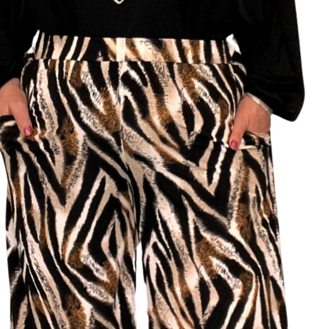 ROCKTHOSECURVES TIGER PRINT ELASTIC WAIST PALAZZO TROUSERS WITH POCKETS