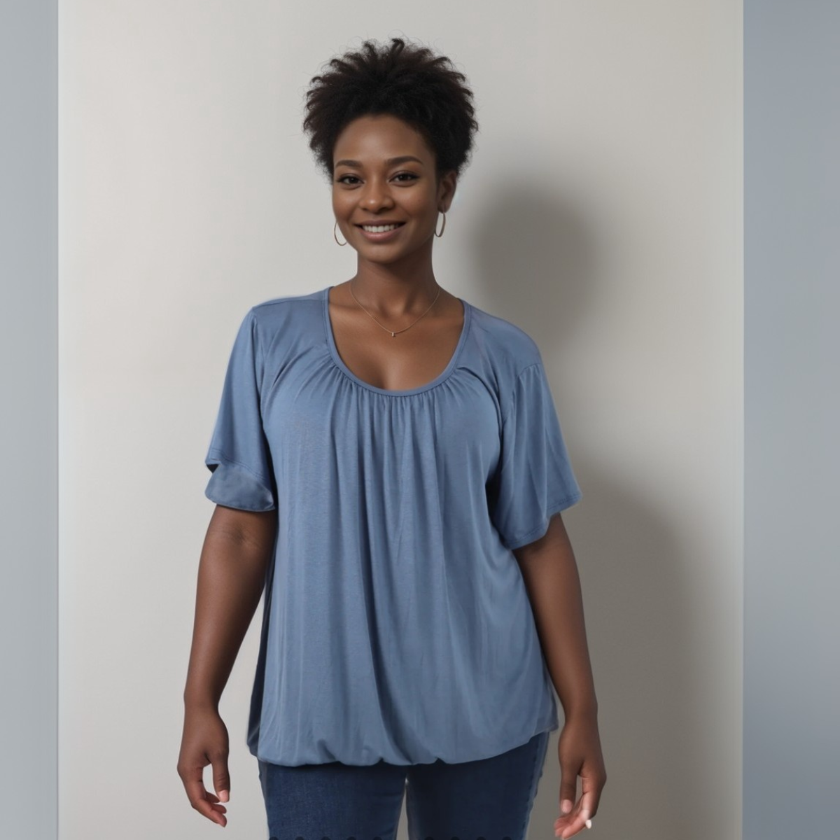 Short-Sleeve Plain T-Shirt with Elasticated Neck & Waist