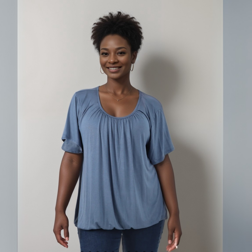 Short-Sleeve Plain T-Shirt with Elasticated Neck & WaistBLUE / UK 12-14