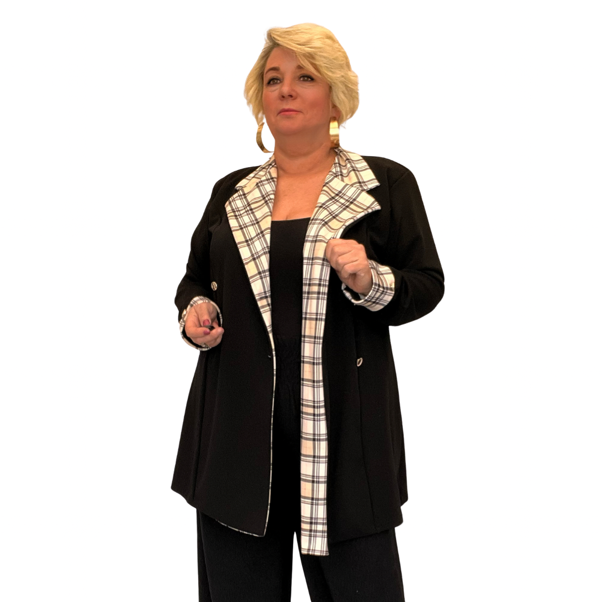 ROCKTHOSECURVES BLACK DOUBLE BREASTED BLAZER JACKET CREAM TARTAN LAPELS