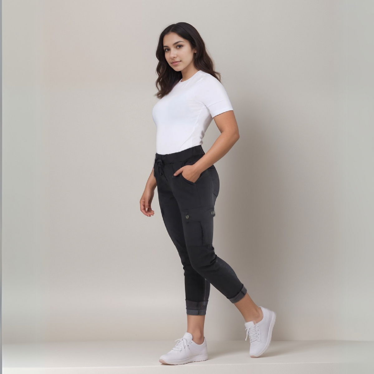 Super-Stretch High-Rise Elastic-Waist Cargo Magic Trousers
