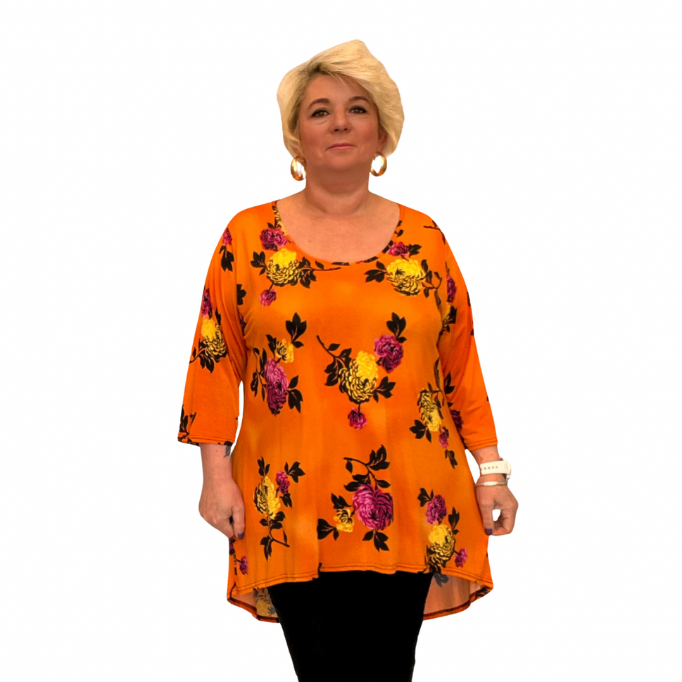 ROCKTHOSECURVES BRIGHT FLORAL PEONY 3/4 SLEEVE DIPPED HEM TOP