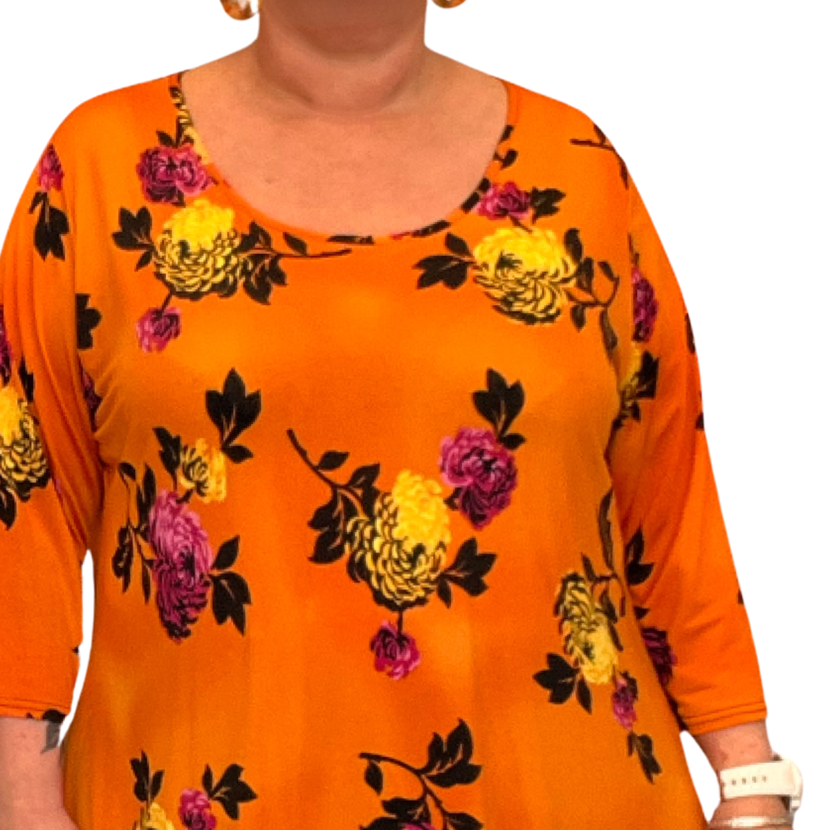 ROCKTHOSECURVES BRIGHT FLORAL PEONY 3/4 SLEEVE DIPPED HEM TOP