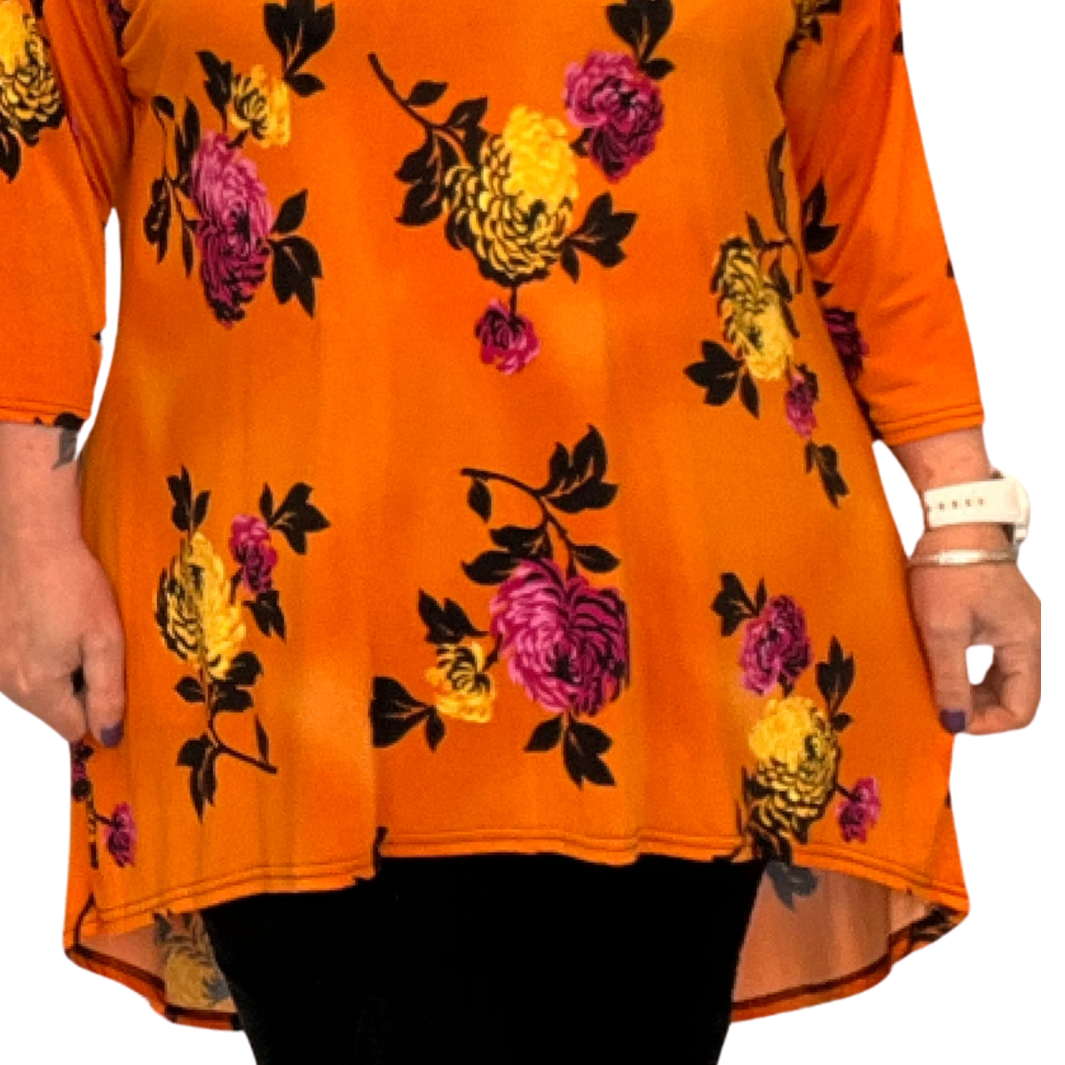 ROCKTHOSECURVES BRIGHT FLORAL PEONY 3/4 SLEEVE DIPPED HEM TOP