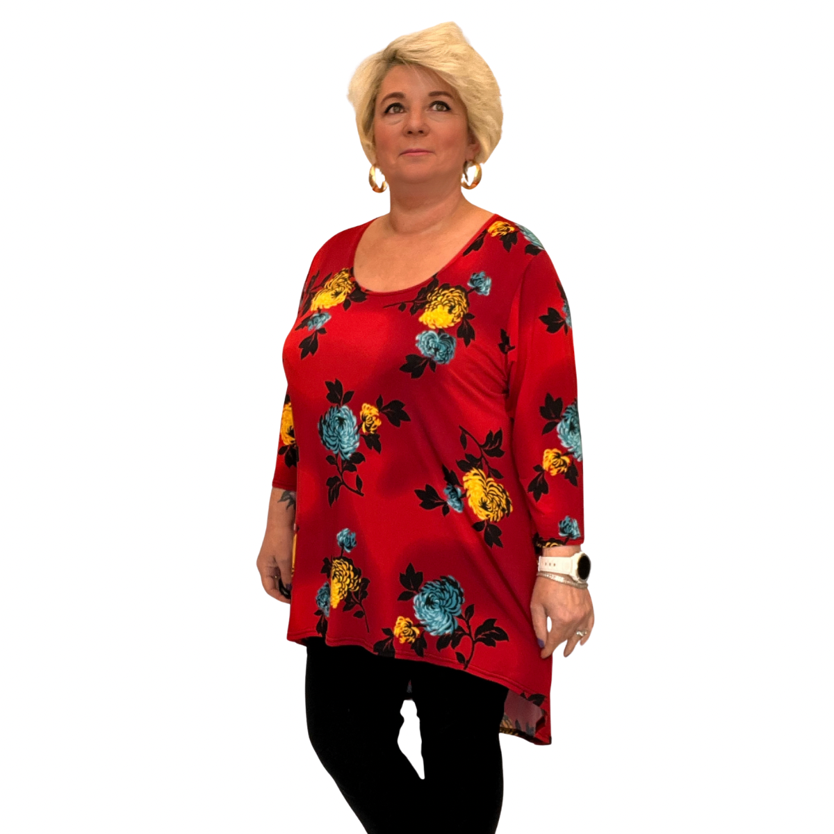 ROCKTHOSECURVES BRIGHT FLORAL PEONY 3/4 SLEEVE DIPPED HEM TOP