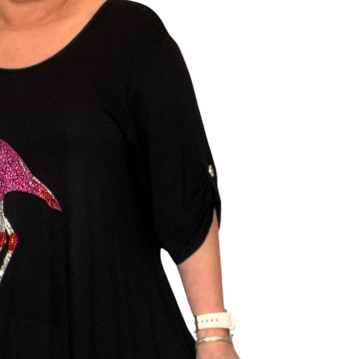 ROCKTHOSECURVES STUDDED PINK FLAMINGO BUTTON SLEEVE SWING TOP
