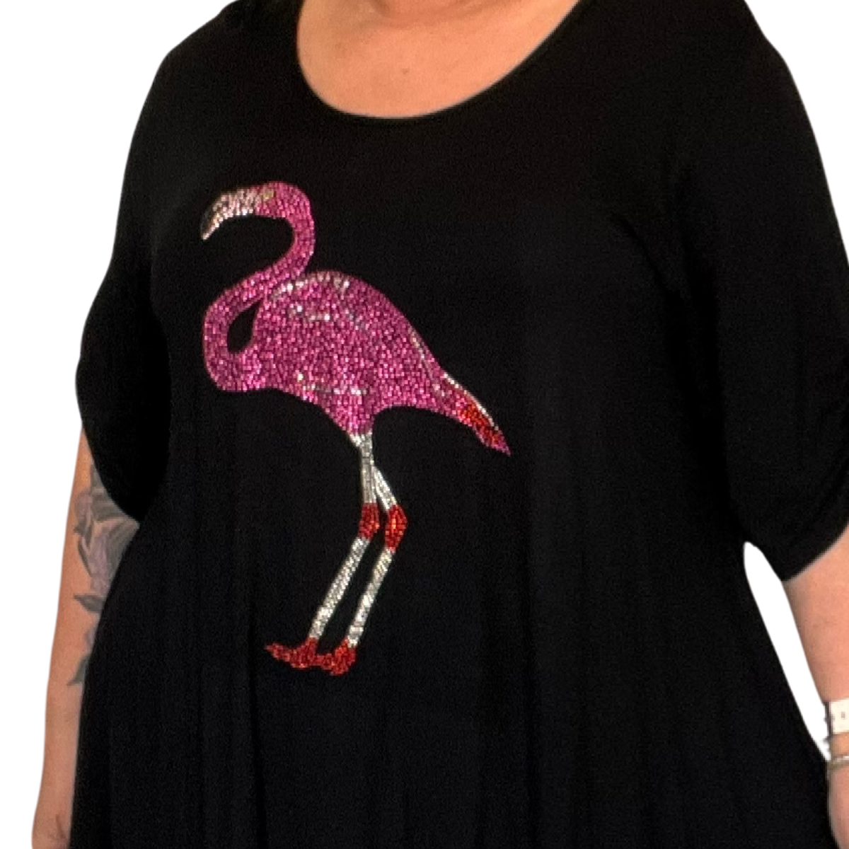 ROCKTHOSECURVES STUDDED PINK FLAMINGO BUTTON SLEEVE SWING TOP