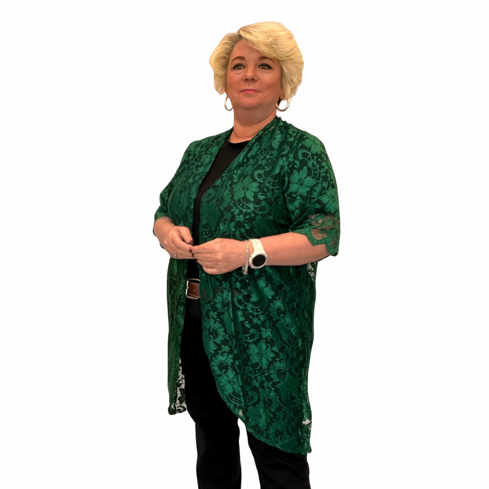 ROCKTHOSECURVES LACE DIPPED HEM KIMONO JACKETGreen / UK 14