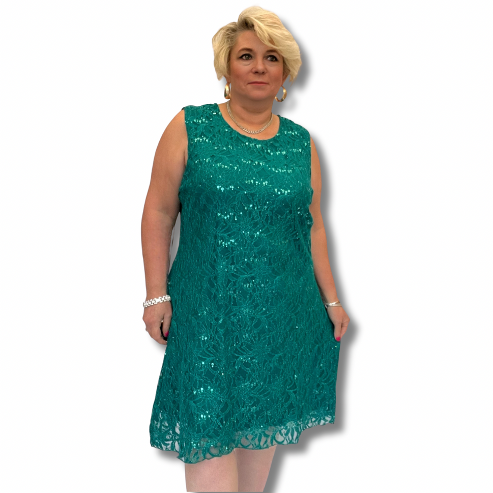 SEQUIN + LACE SLEEVELESS SHIFT PARTY / EVENING DRESSGreen / UK 12-14