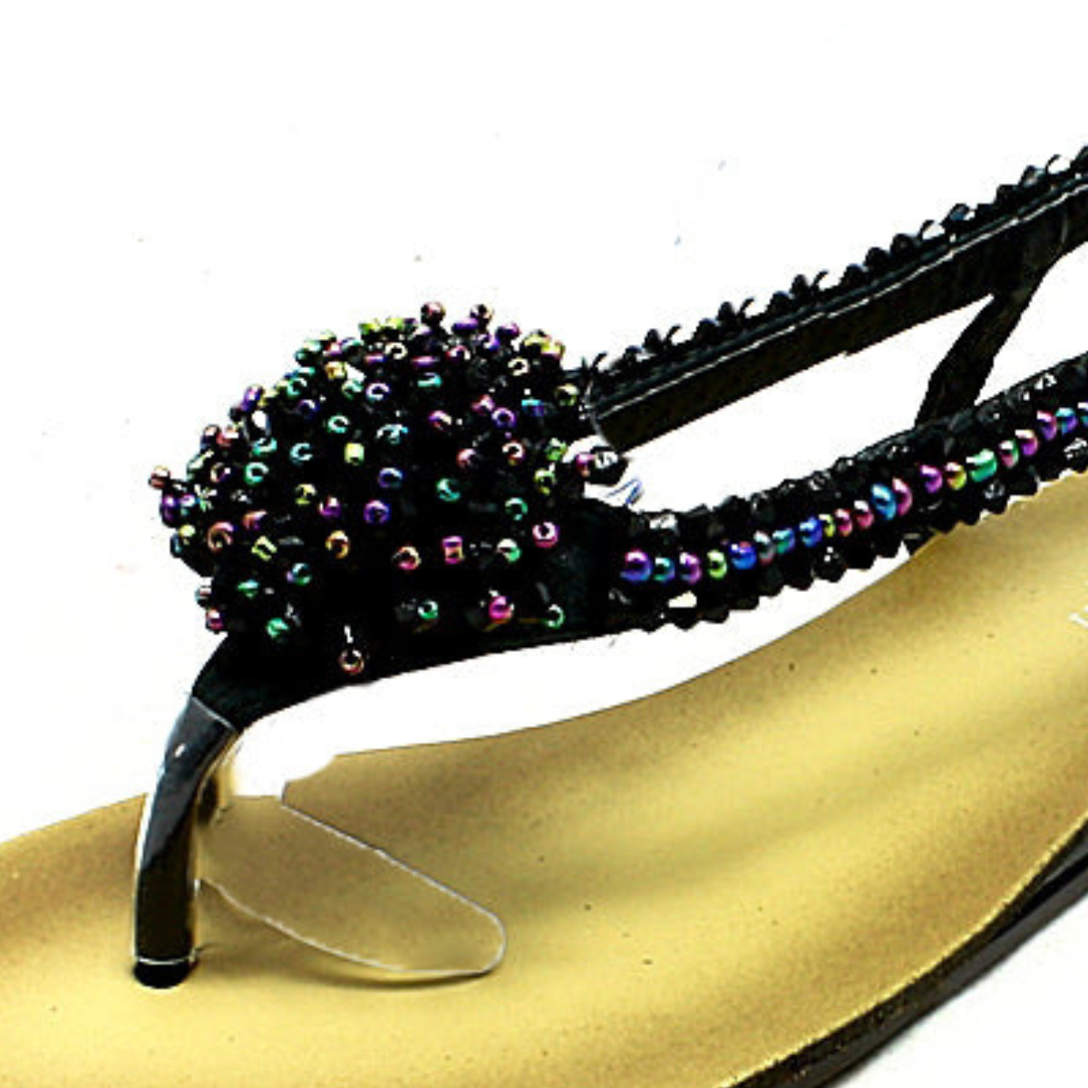 ROCKTHOSECURVES BLACK BEADED FLAT SANDALS WITH BEADED ROSETTE