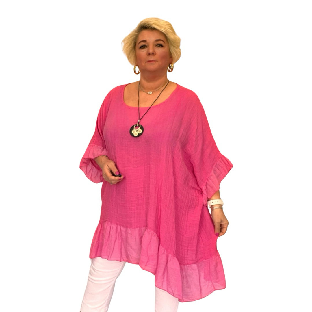 ROCKTHOSECURVES COTTON OVERSIZED BLOUSE WITH FRILLED HEM AND NECKLACE