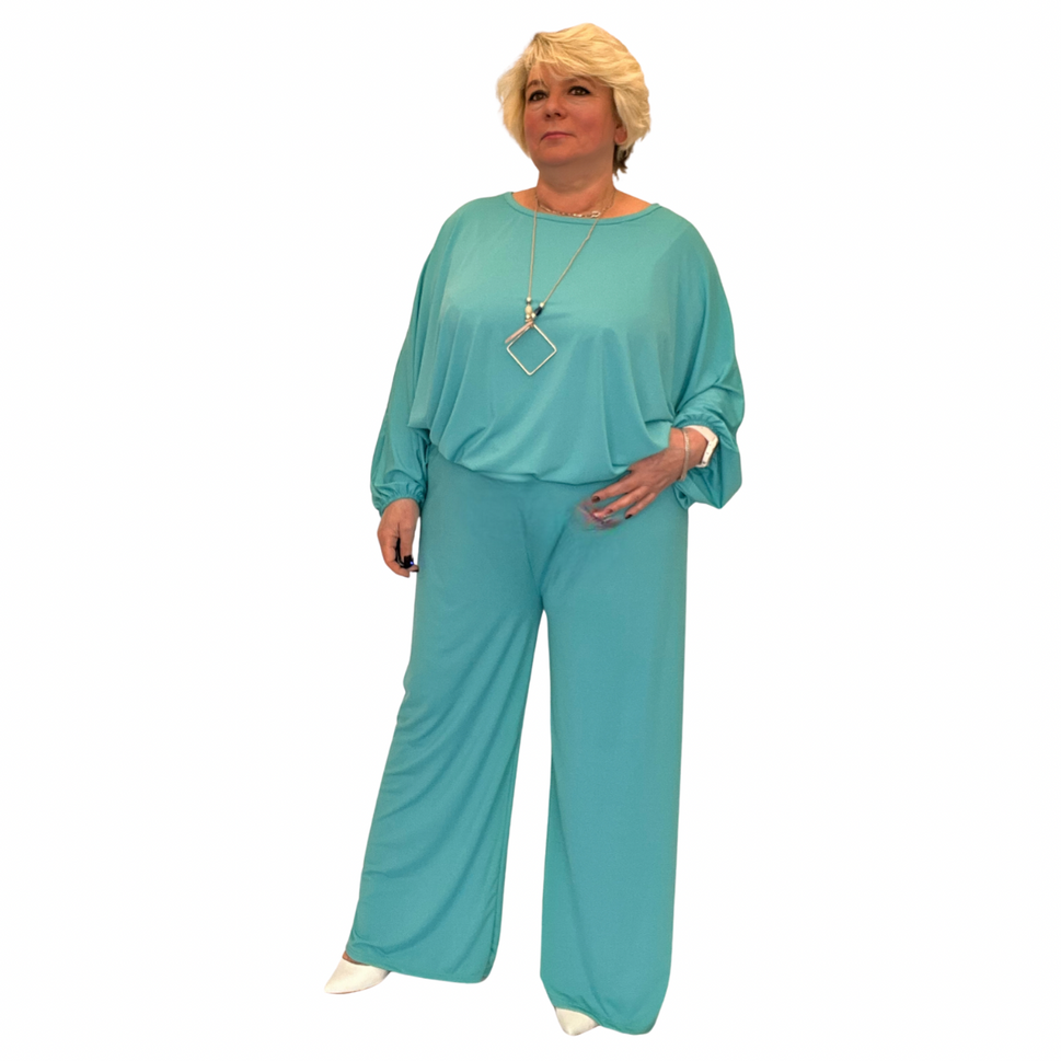 ROCKTHOSECURVES TWO PIECE PALAZZO TROUSERS + BATWING TOP OUTFITMedium Teal / UK 16-18