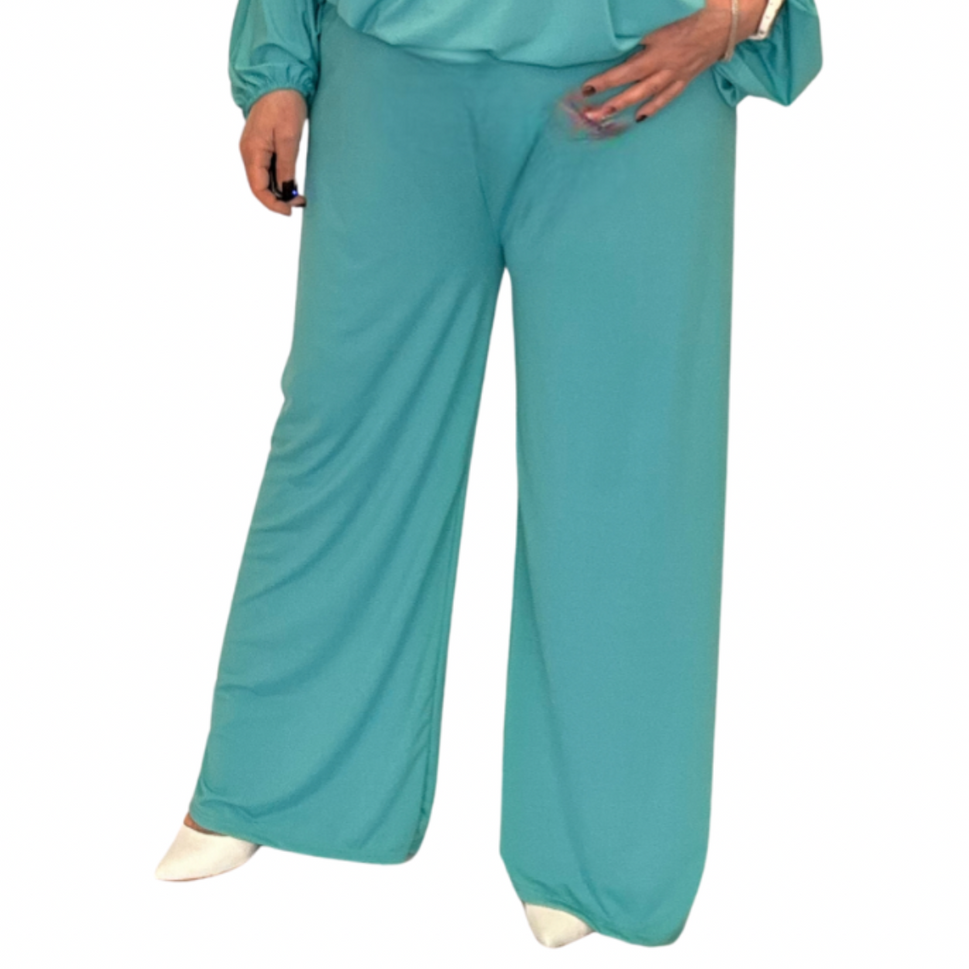 ROCKTHOSECURVES PLAIN ELASTICATED WAIST WIDE LEG PALAZZO TROUSERSMEDIUM TEAL / UK 16-18