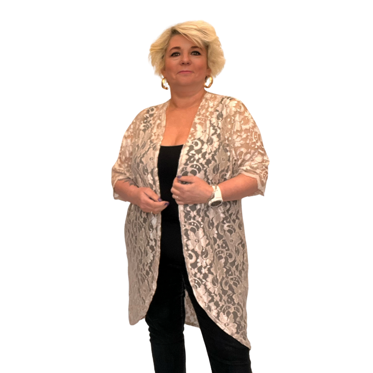 ROCKTHOSECURVES LACE DIPPED HEM KIMONO JACKET