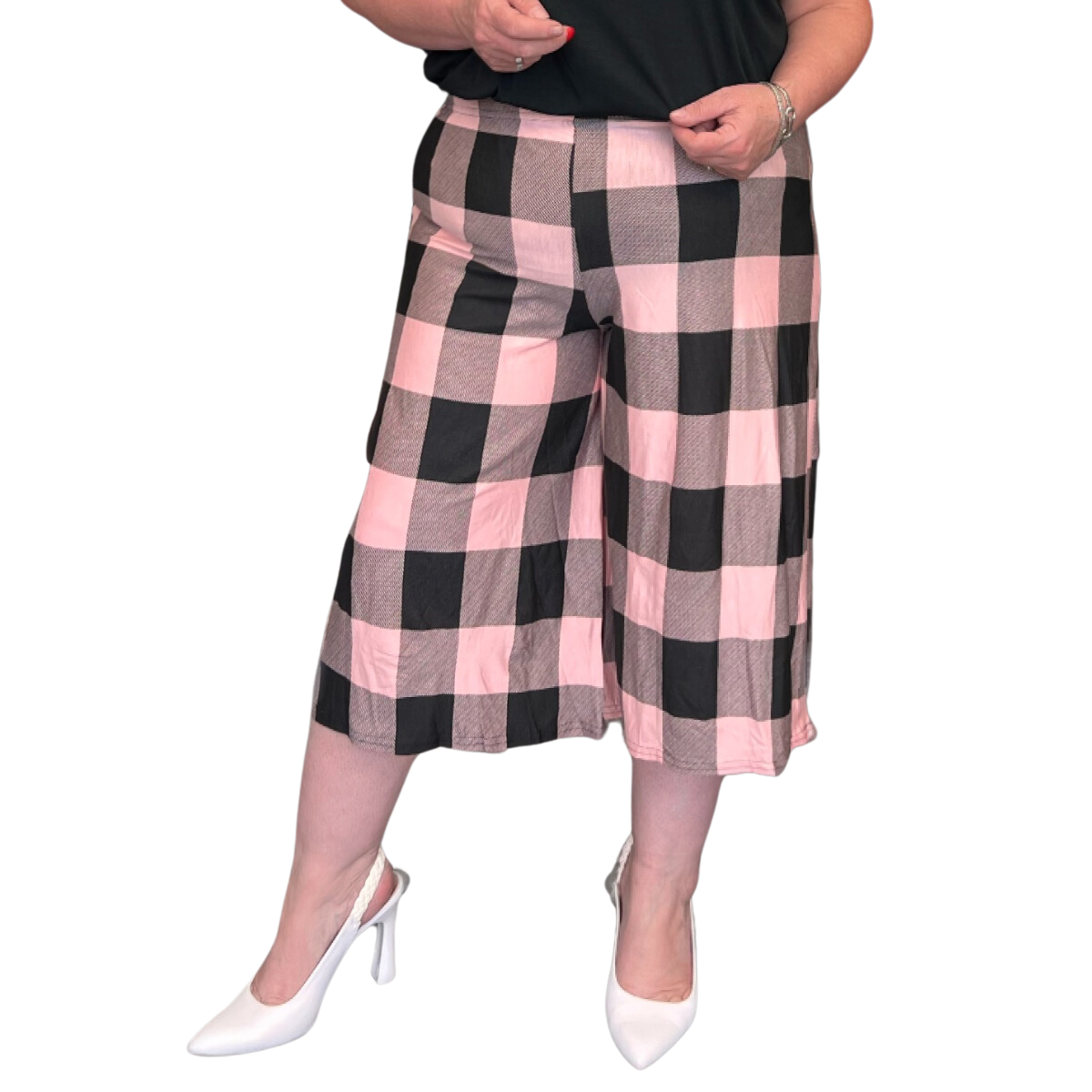 ROCKTHOSECURVES BLACK PINK SQUARE CHECKED ELASTIC WAIST CULOTTES / SHORTS