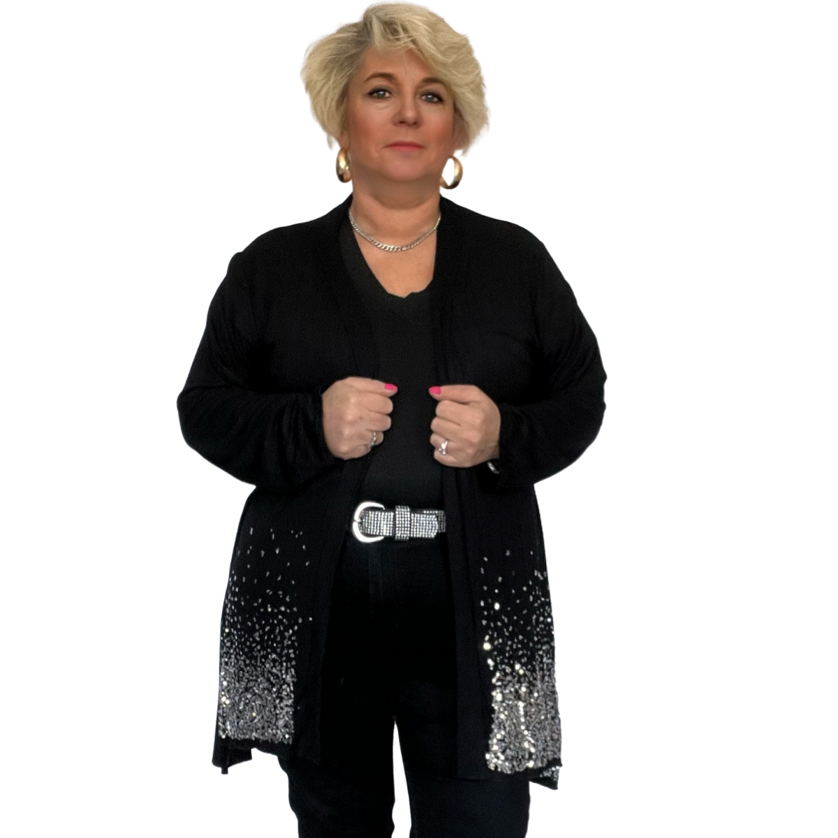 OPEN FRONT WATERFALL JACKET / CARDIGAN WITH SEQUIN HEM