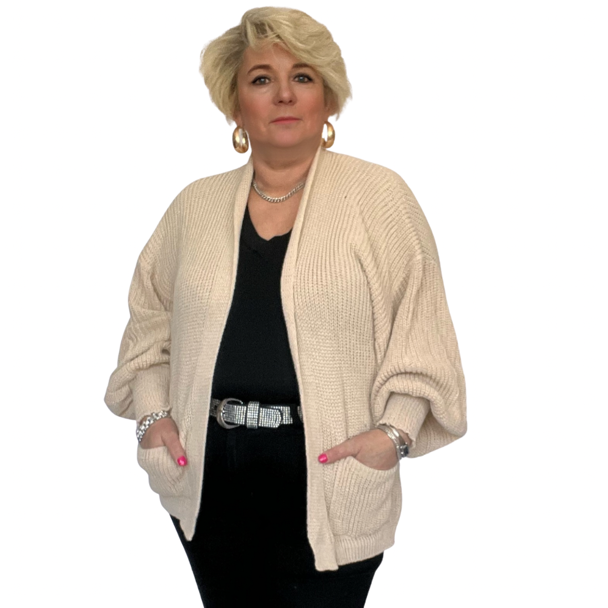 ROCKTHOSECURVES LOOSE FIT CHUNKY KNIT CARDIGAN WITH FRONT POCKETS