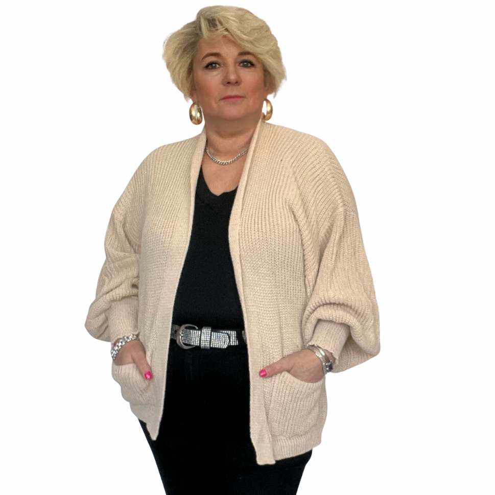 ROCKTHOSECURVES LOOSE FIT CHUNKY KNIT CARDIGAN WITH FRONT POCKETSSTONE / UK 12-14