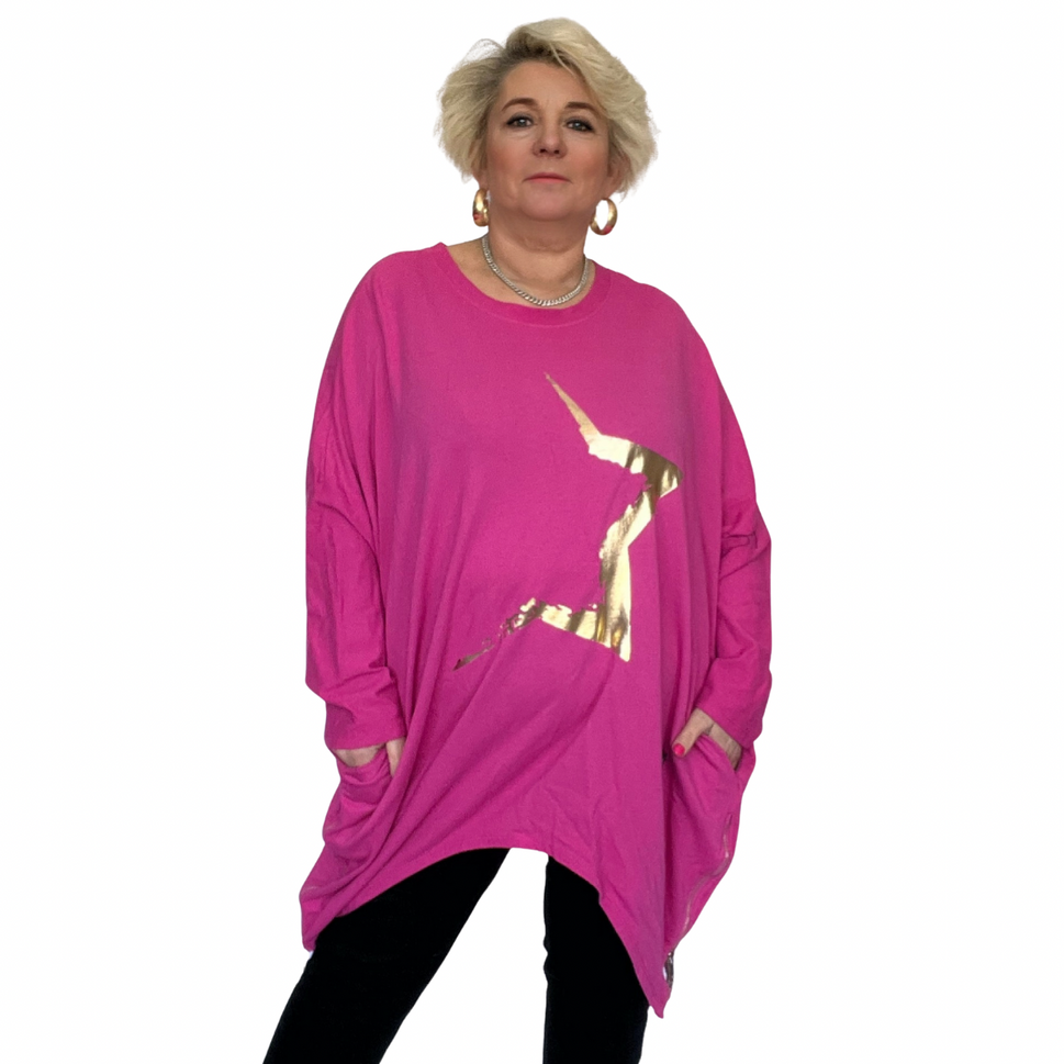 LONG LENGTH TOP WITH GOLD FOIL STAR AND FEATURE ZIPSFUCHSIA / UK 16-18