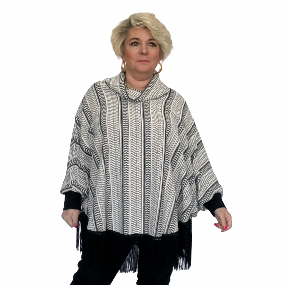 ROCKTHOSECURVES TASSEL HEM POLO NECK PONCHO / OVERSIZED JUMPERBlack / white striped / ONE SIZE