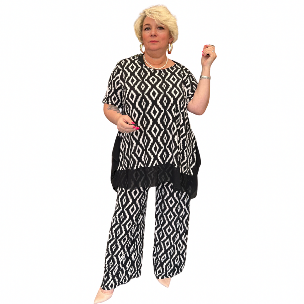 ROCKTHOSECURVES TWO PIECE LOOSE FITTING PALAZZO TROUSERS + LONG TOP OUTFIT SETBlack White Diamond / UK 16-18