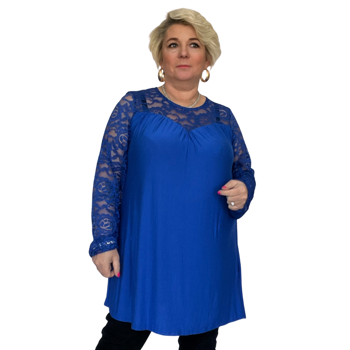 LONG SLEEVE TUNIC TOP WITH V LACE NECK AND SLEEVES