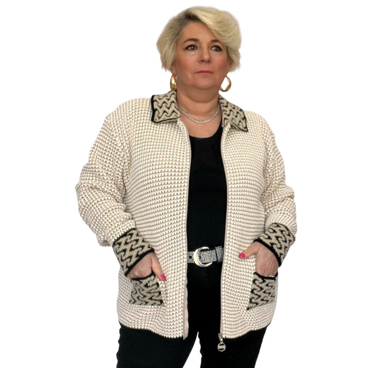 THICK KNITTED ZIP UP CARDIGAN / JACKET WITH COLLAR + POCKETS