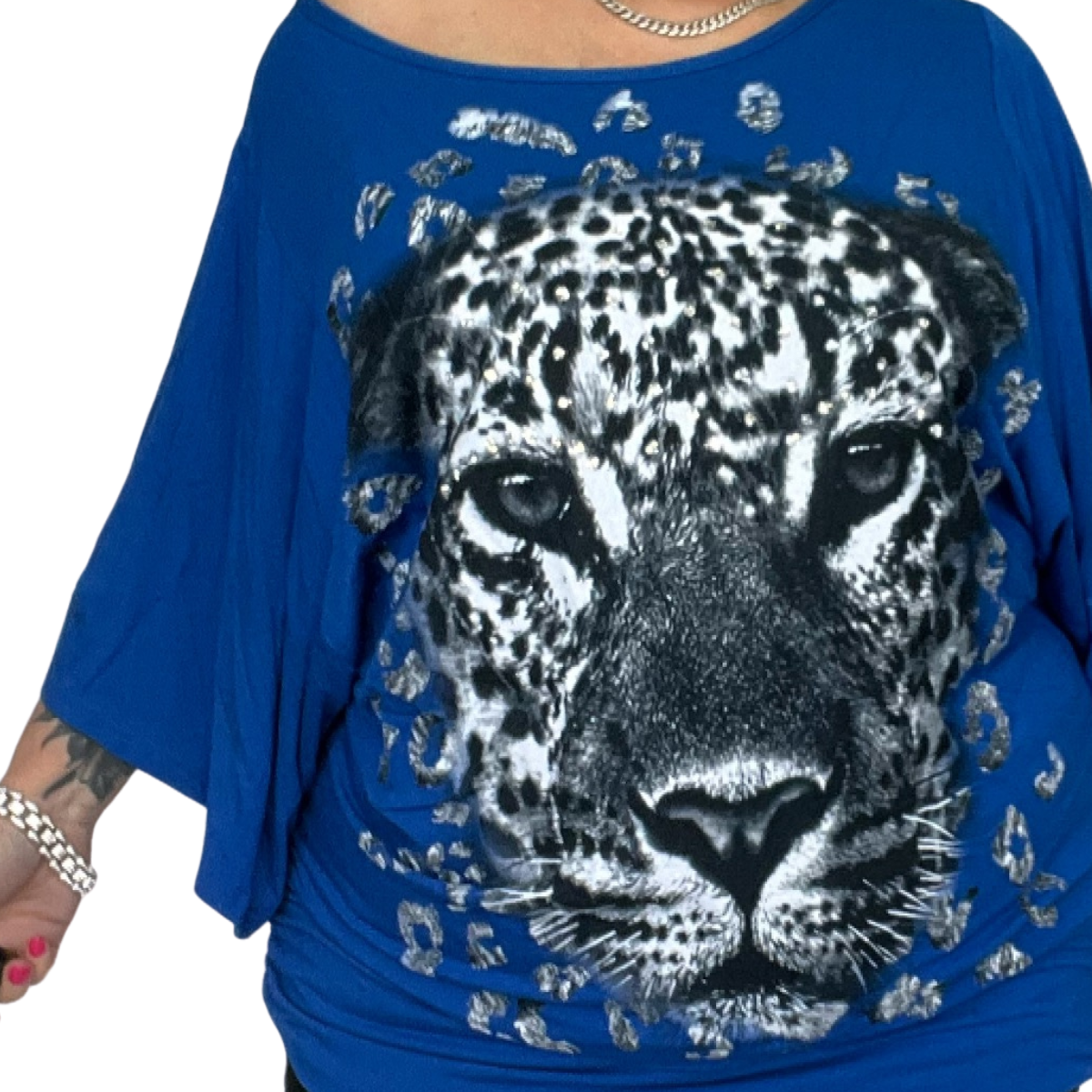 BATWING OVERSIZED TOP OFF SHOULDER SPARKLY LEOPARD PRINT