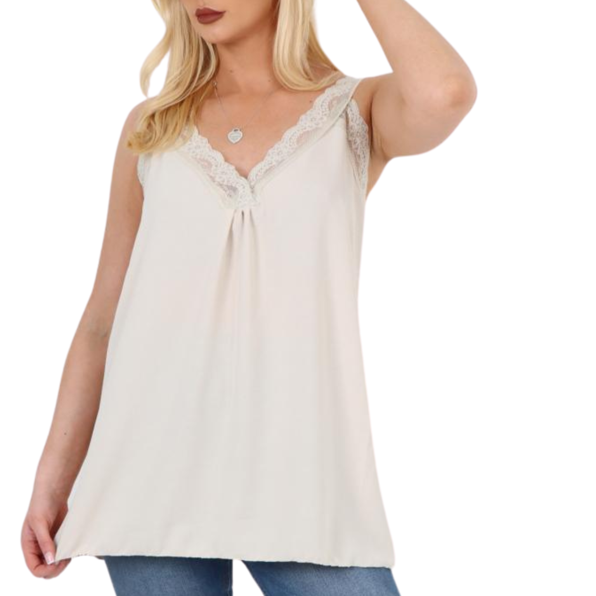 LACE EDGED SLEEVELESS LOOSE FITTING BLOUSE / VEST TOP