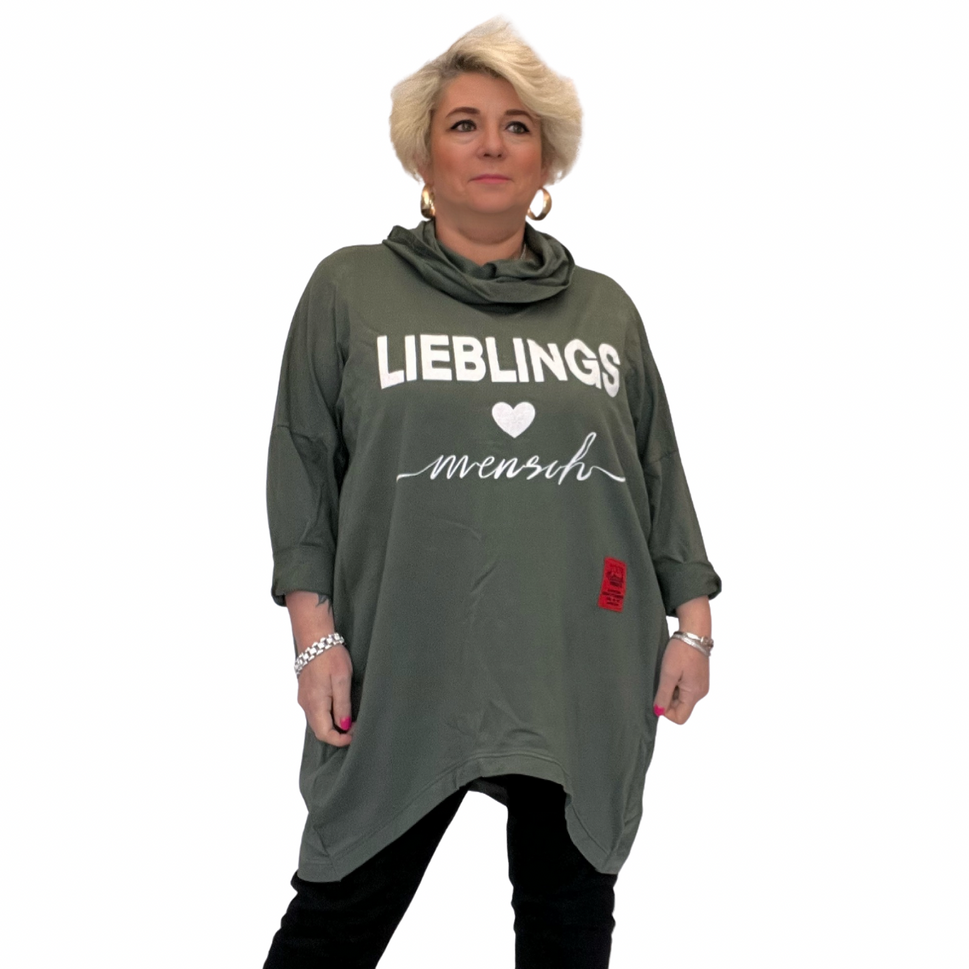 DIPPED HEM LIEBLINGS LOGO COWL NECK JUMPER / TOPKHAKI / UK 16-18