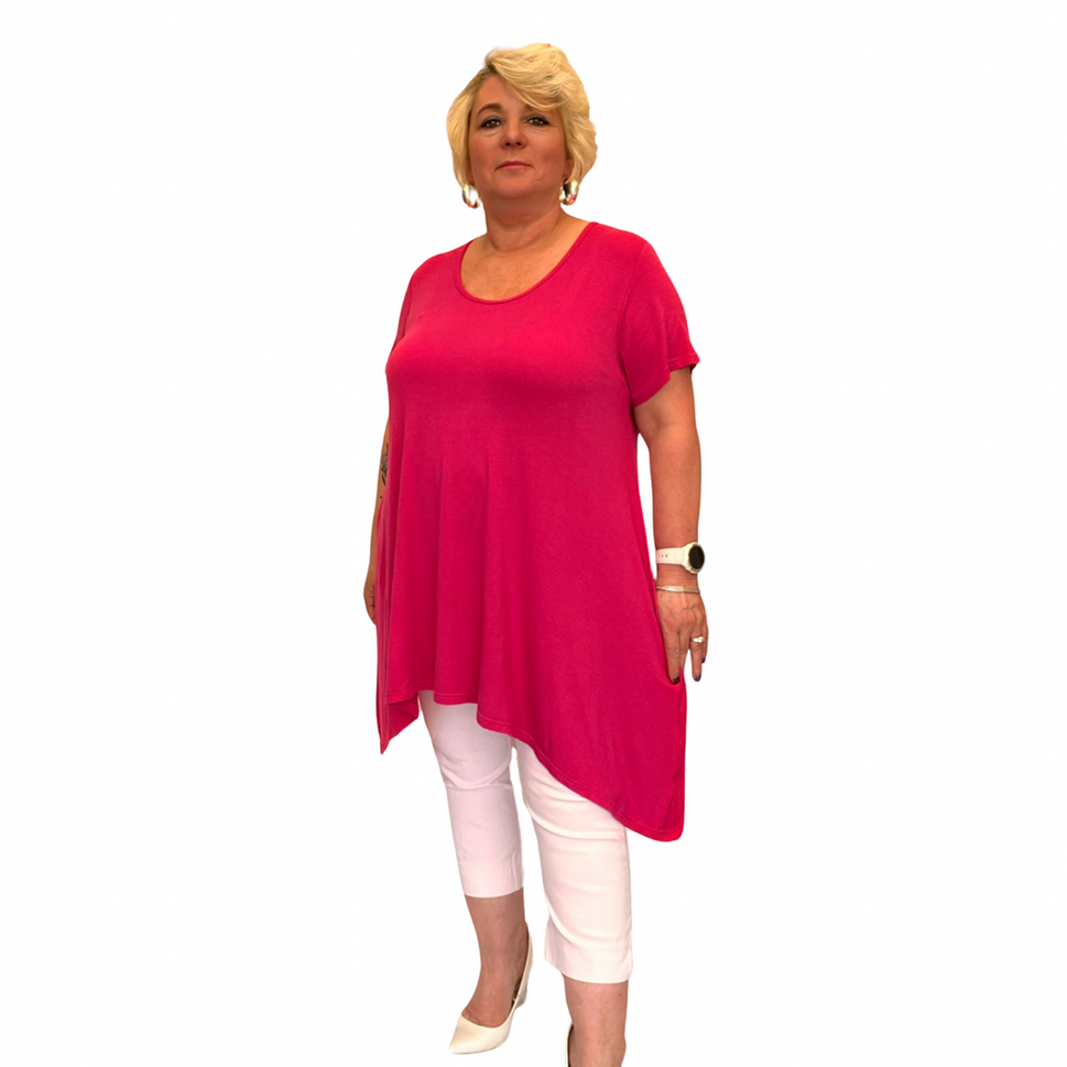 LONG PLAIN HANKY HEM SHORT SLEEVE SWING TOP / T-SHIRTFuchsia / UK 14