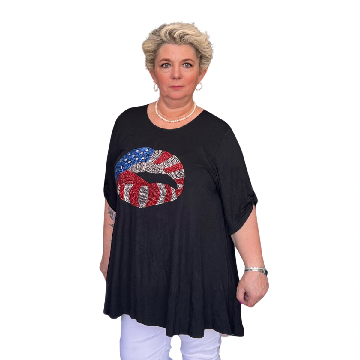 ROCKTHOSECURVES BLACK BUTTON SLEEVE SWING TOP WITH STUDDED USA LIPS