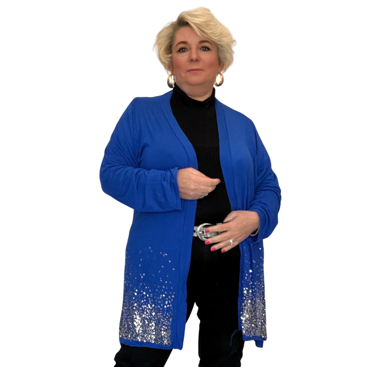 OPEN FRONT WATERFALL JACKET / CARDIGAN WITH SEQUIN HEM