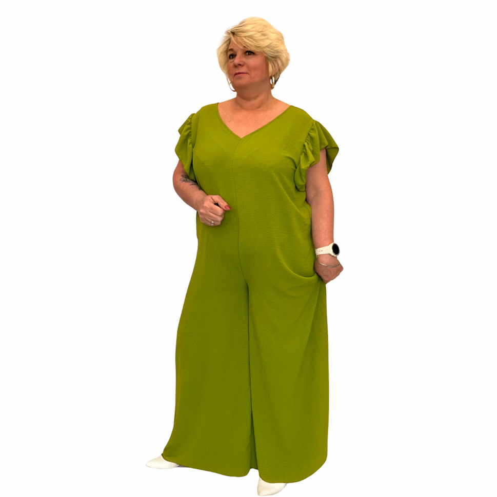 ROCKTHOSECURVES V NECK FRILLED CAP SLEEVE JUMPSUITGREEN / UK 16-18